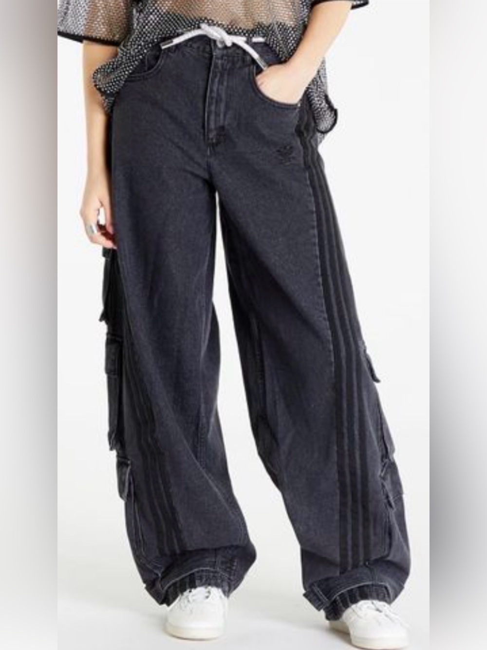 48🌟 Adidas Originals Adilenium Denim Cargo Pants Black | Wide Leg Utility Jean - Picture 2 of 5